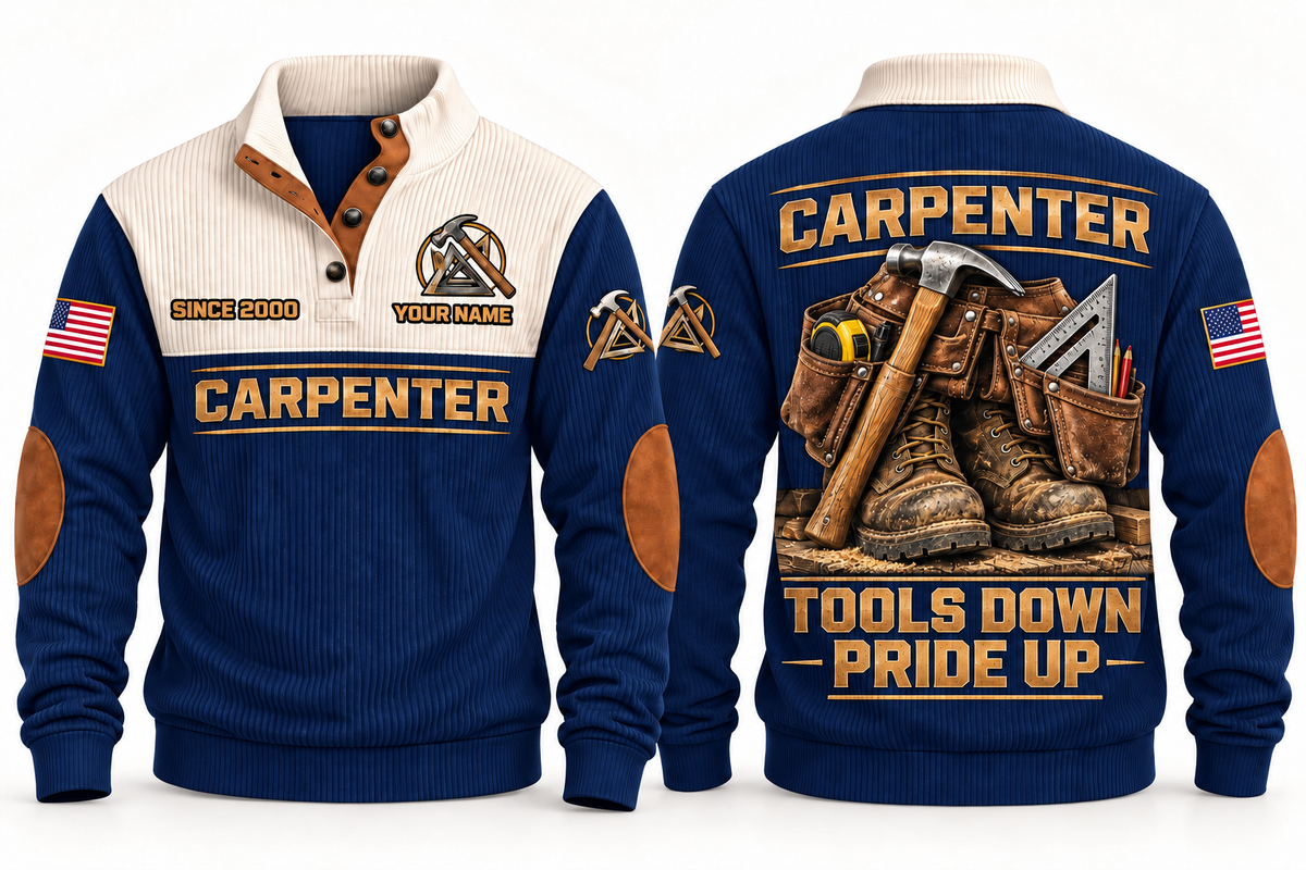 Carpenter Tools Down Pride Up Sports Sweatshirt in Navy, front and back