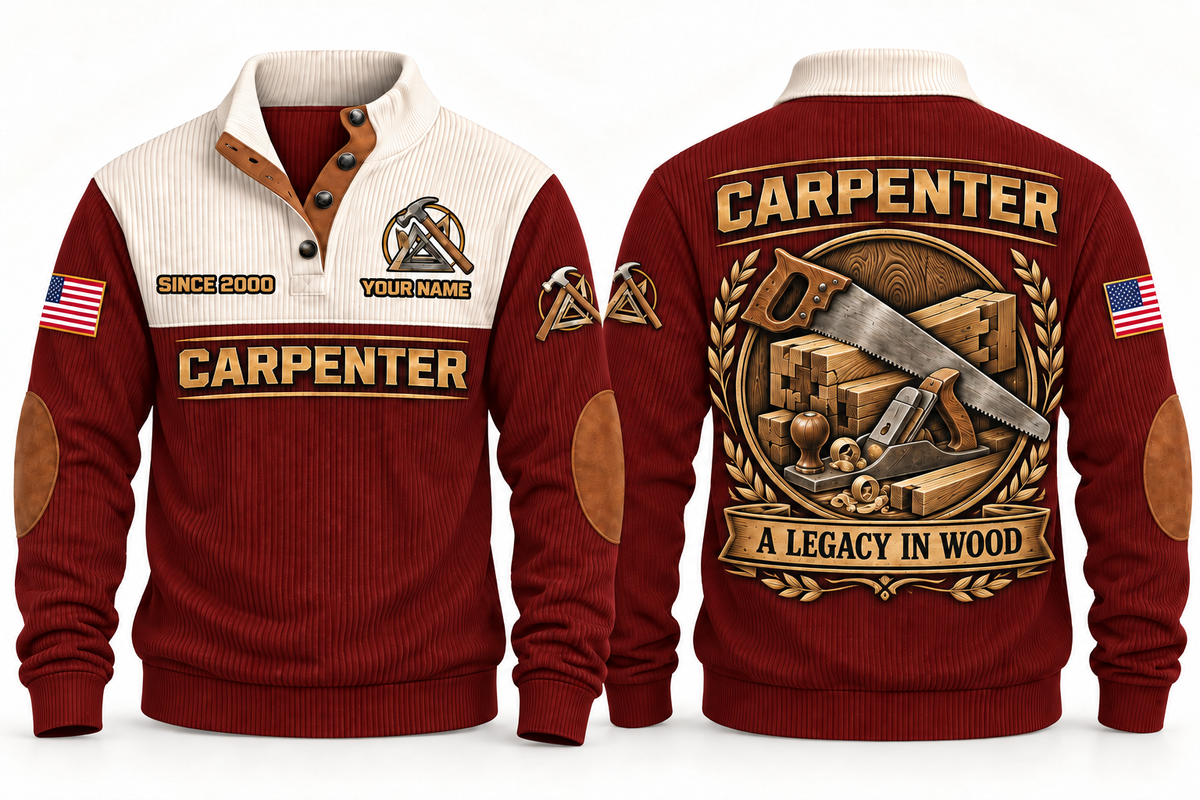 Carpenter A Legacy in Wood Sports Sweatshirt in Jujube Red, front and back