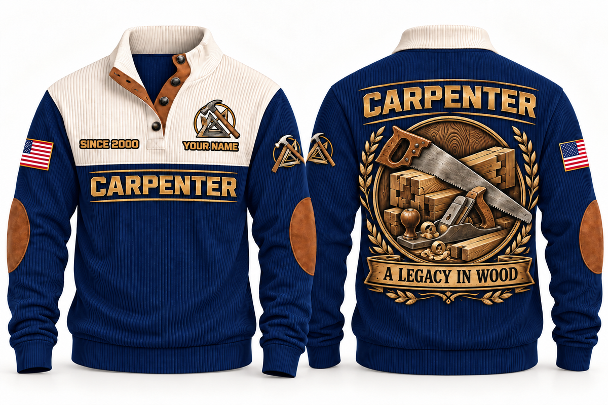 Carpenter A Legacy in Wood Sports Sweatshirt in Navy, front and back