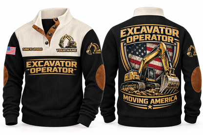 Excavator Operator Moving America Sports Sweatshirt in Black, front and back