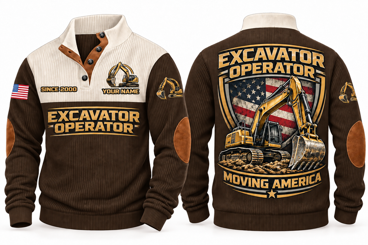Excavator Operator Moving America Sports Sweatshirt in Brown, front and back