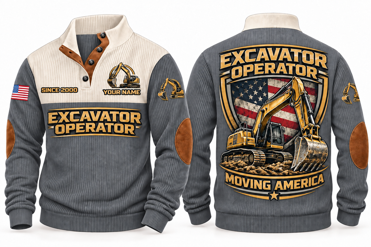 Excavator Operator Moving America Sports Sweatshirt in Grey, front and back