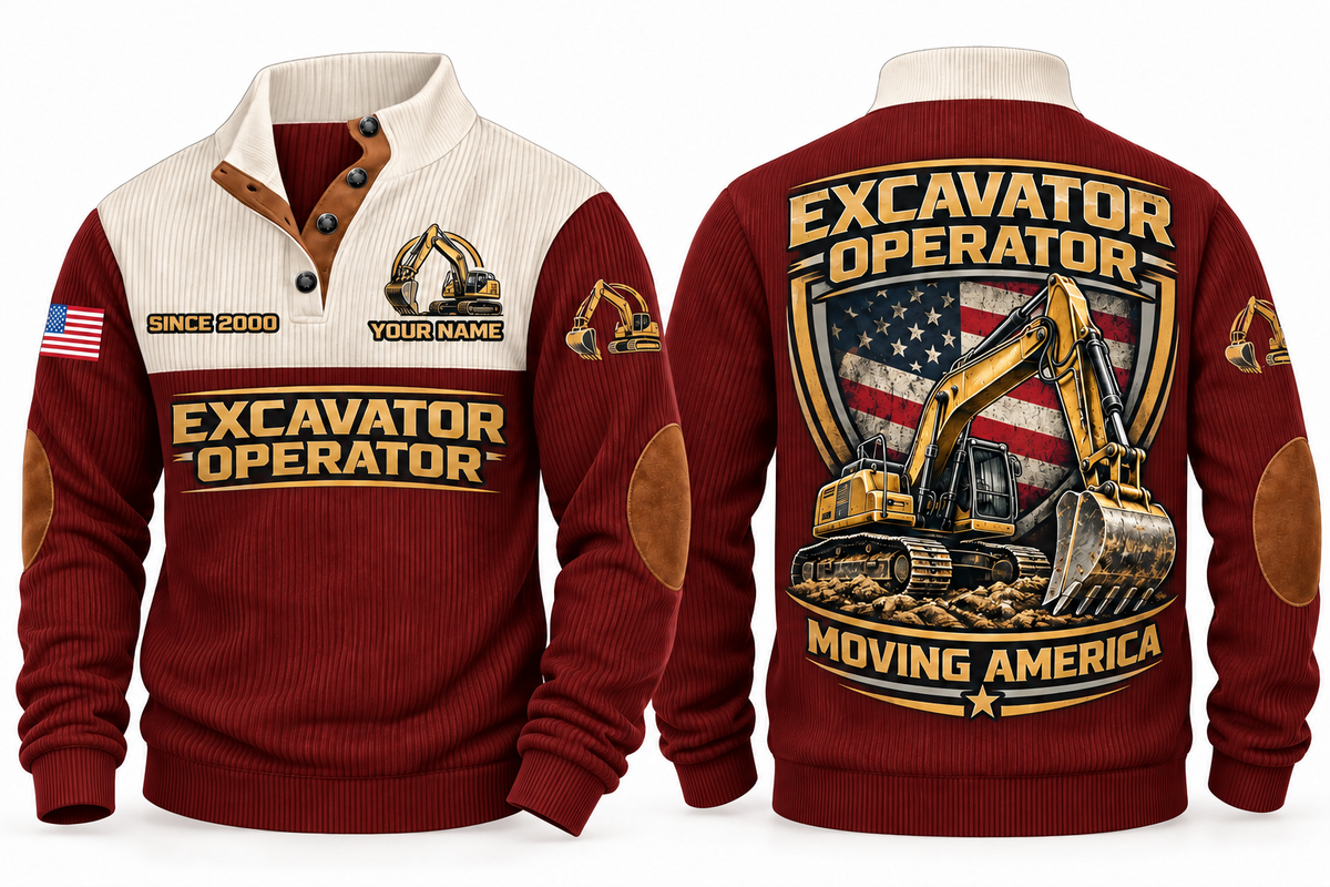 Excavator Operator Moving America Sports Sweatshirt in Jujube Red, front and back