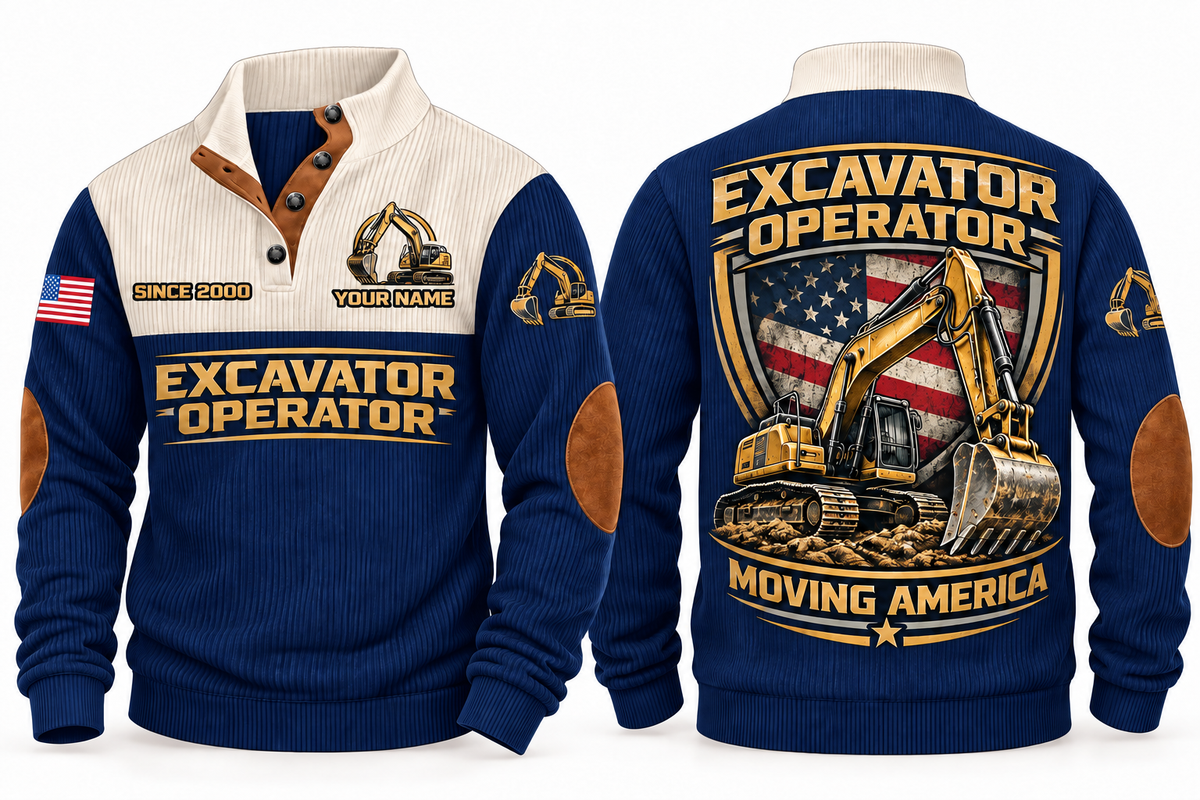 Excavator Operator Moving America Sports Sweatshirt in Navy, front and back