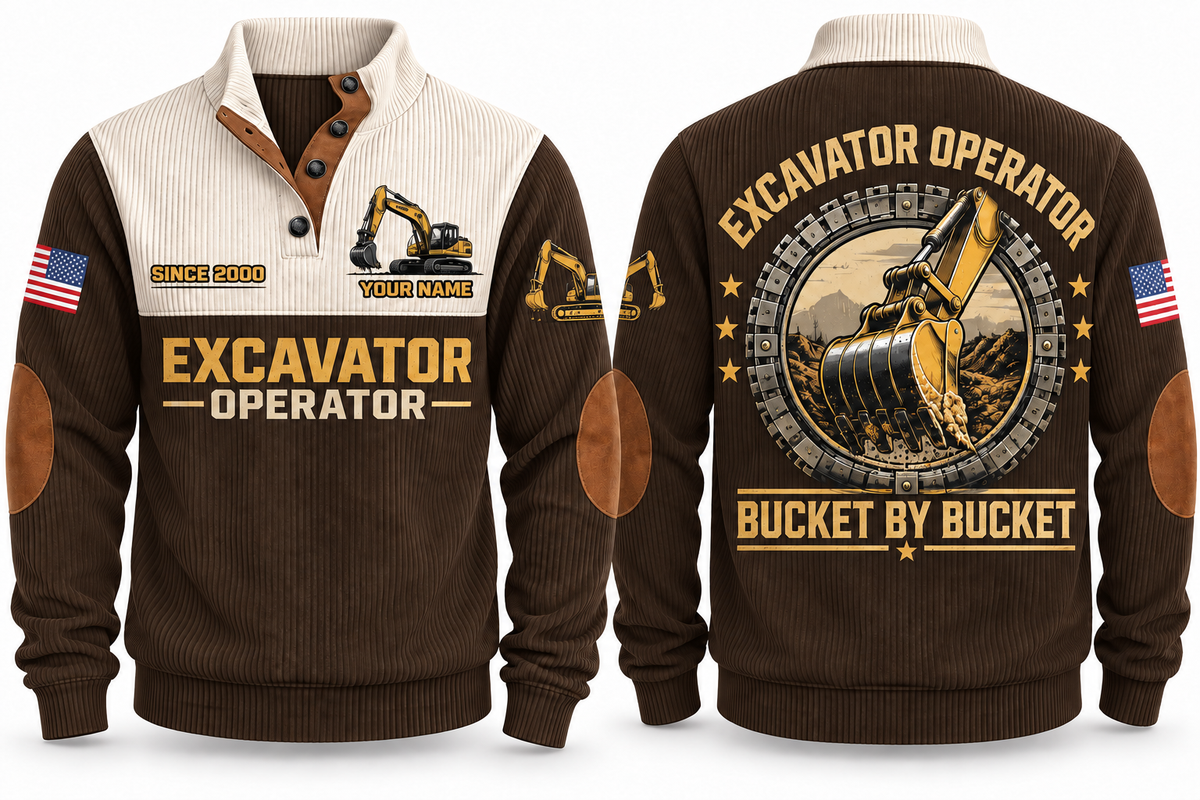 Excavator Operator Bucket by Bucket Sports Sweatshirt in Brown, front and back