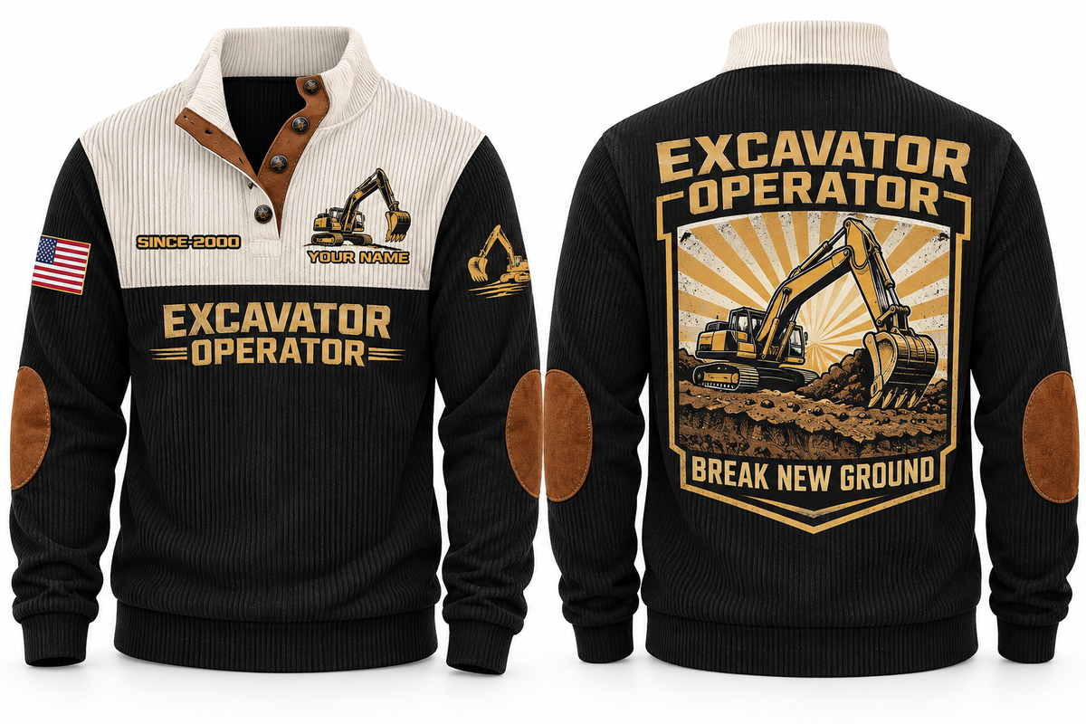 Excavator Operator Break New Ground Sports Sweatshirt in Black, front and back