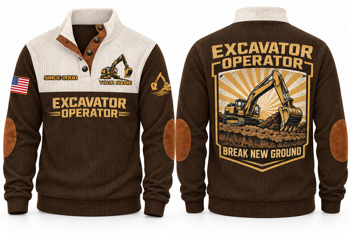 Excavator Operator Break New Ground Sports Sweatshirt in Brown, front and back