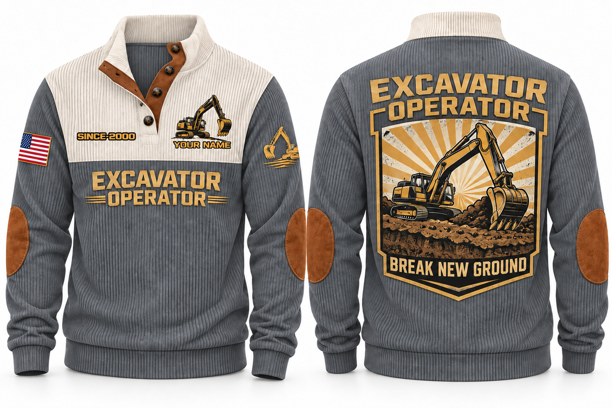 Excavator Operator Break New Ground Sports Sweatshirt in Grey, front and back
