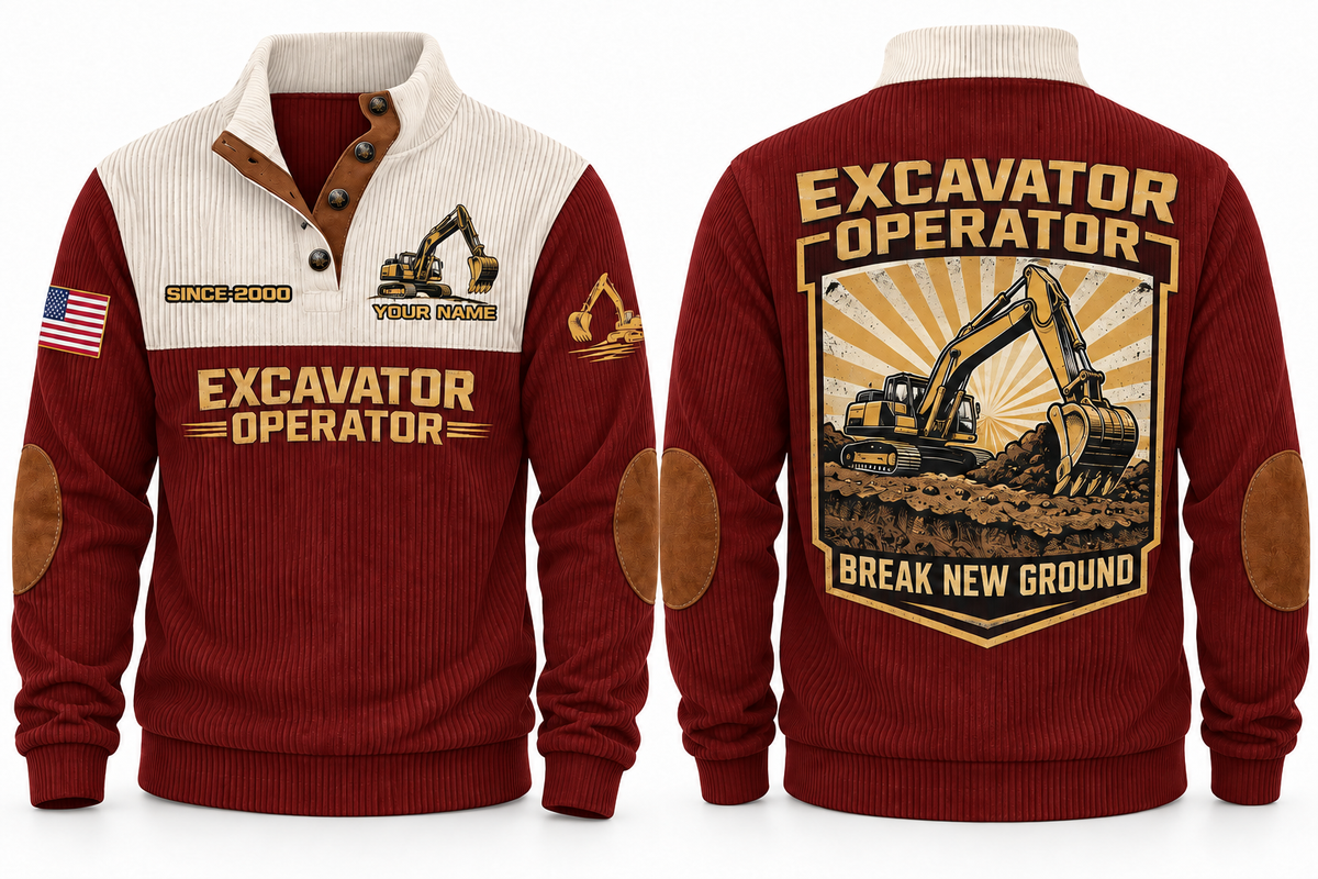 Excavator Operator Break New Ground Sports Sweatshirt in Jujube Red, front and back