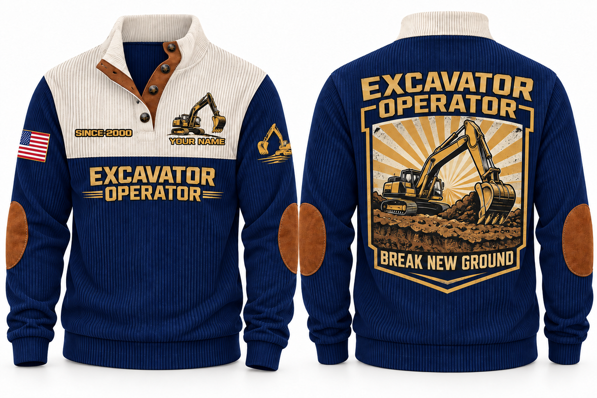 Excavator Operator Break New Ground Sports Sweatshirt in Navy, front and back