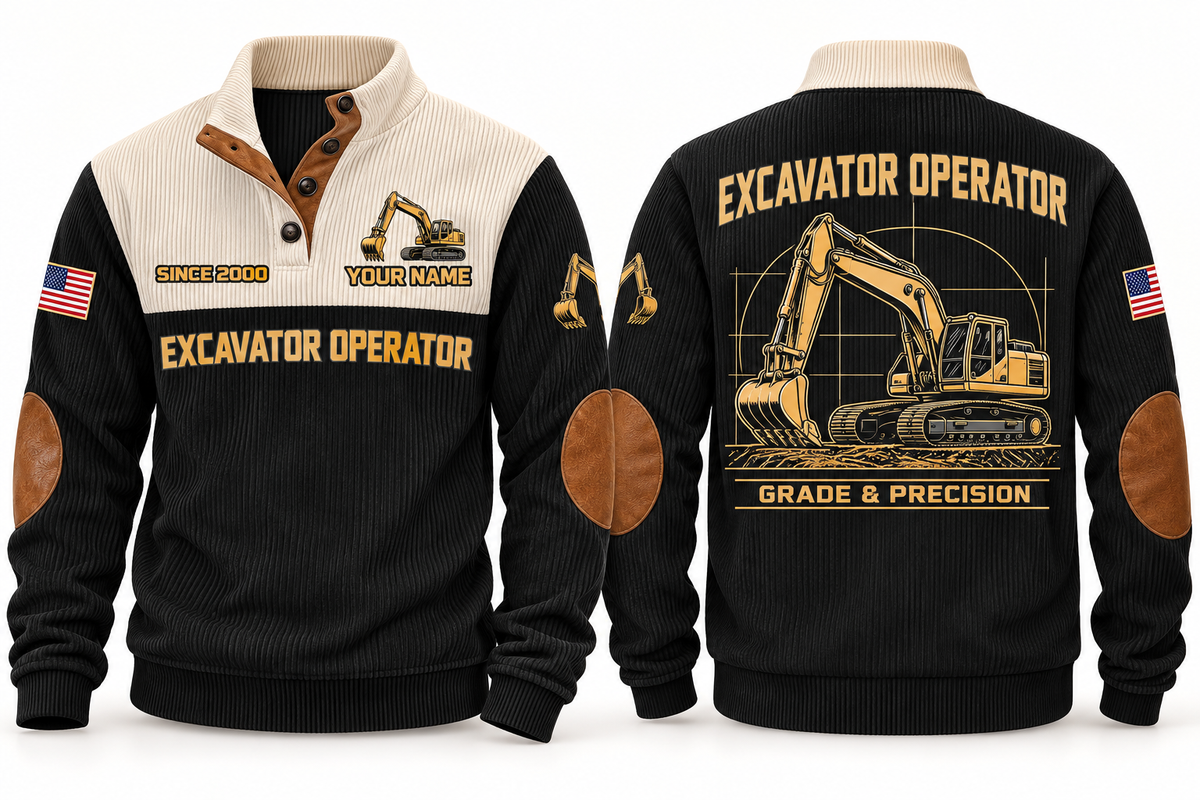 Excavator Operator Grade & Precision Sports Sweatshirt in Black, front and back
