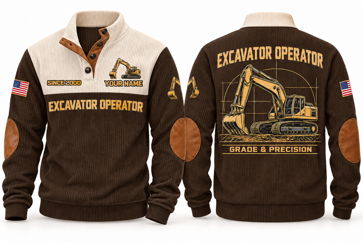 Excavator Operator Grade & Precision Sports Sweatshirt in Brown, front and back