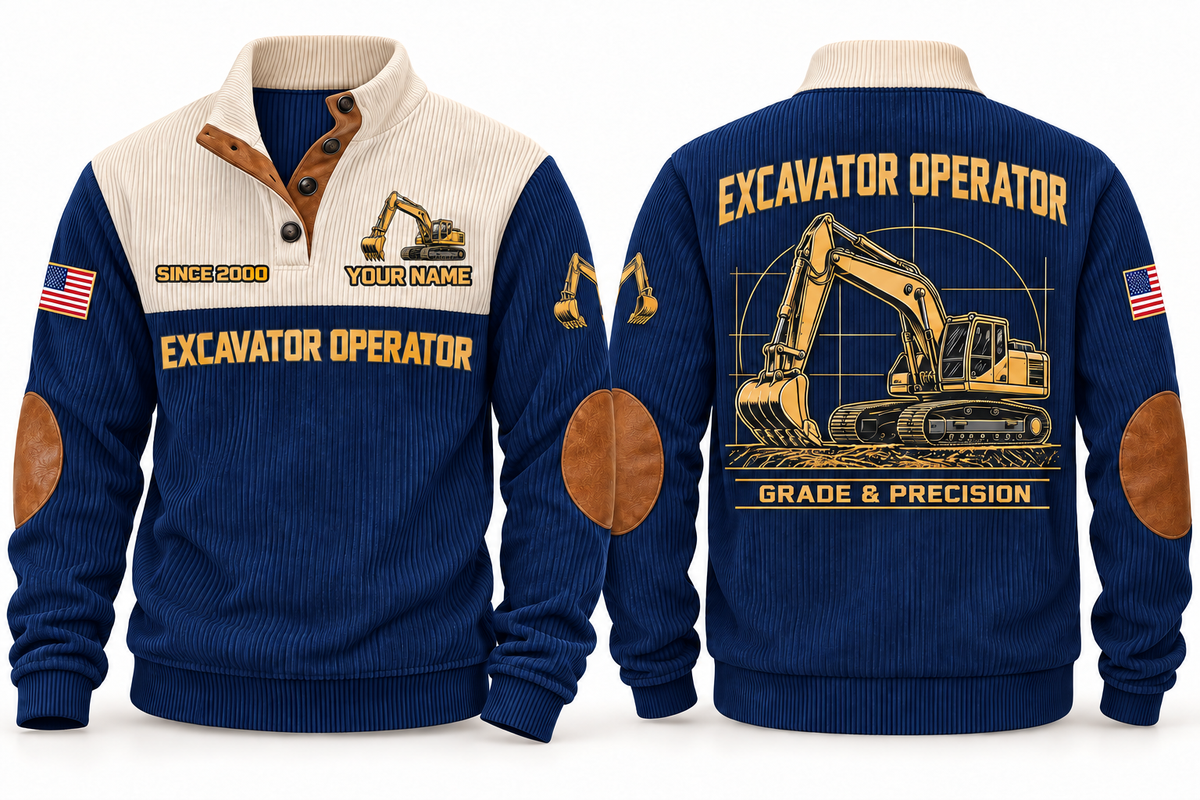 Excavator Operator Grade & Precision Sports Sweatshirt in Navy, front and back