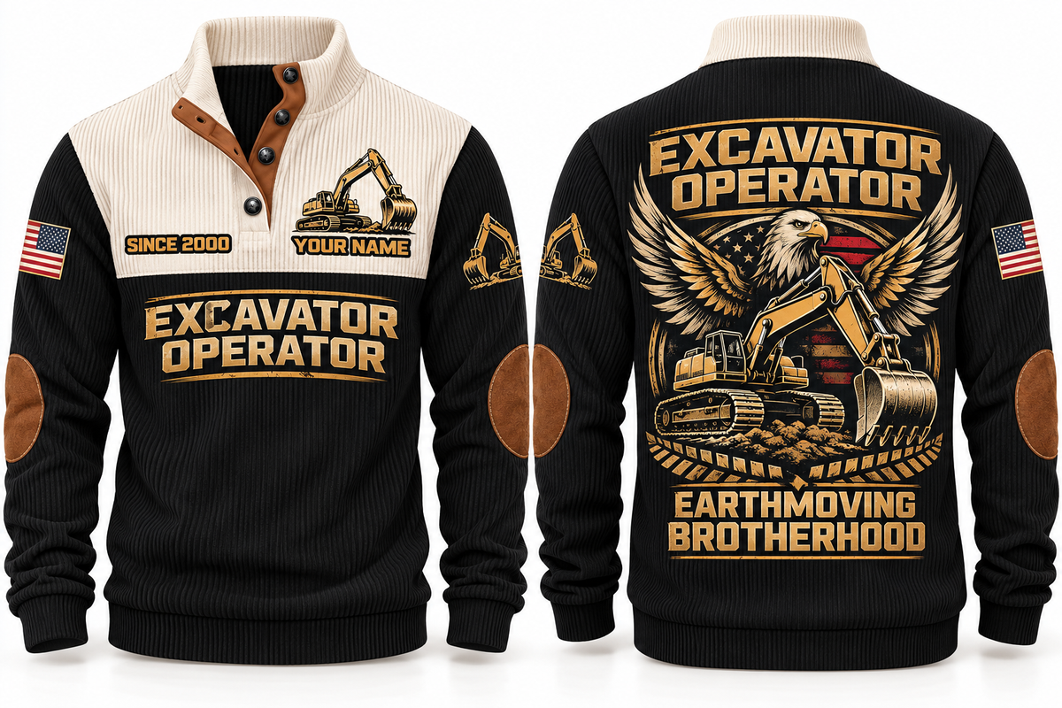 Excavator Operator Earthmoving Brotherhood Sports Sweatshirt in Black, front and back