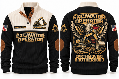 Excavator Operator Earthmoving Brotherhood Sports Sweatshirt in Black, front and back