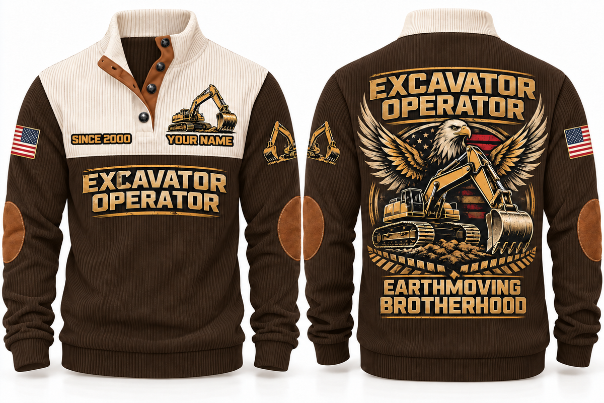 Excavator Operator Earthmoving Brotherhood Sports Sweatshirt in Brown, front and back
