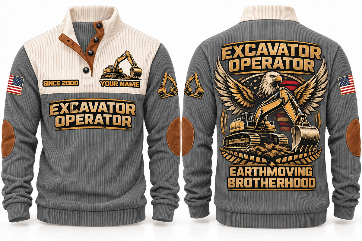 Excavator Operator Earthmoving Brotherhood Sports Sweatshirt in Grey, front and back