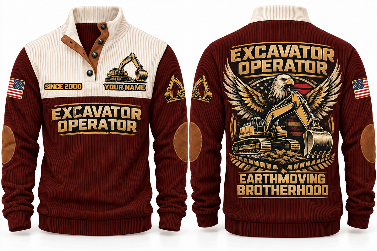 Excavator Operator Earthmoving Brotherhood Sports Sweatshirt in Jujube Red, front and back