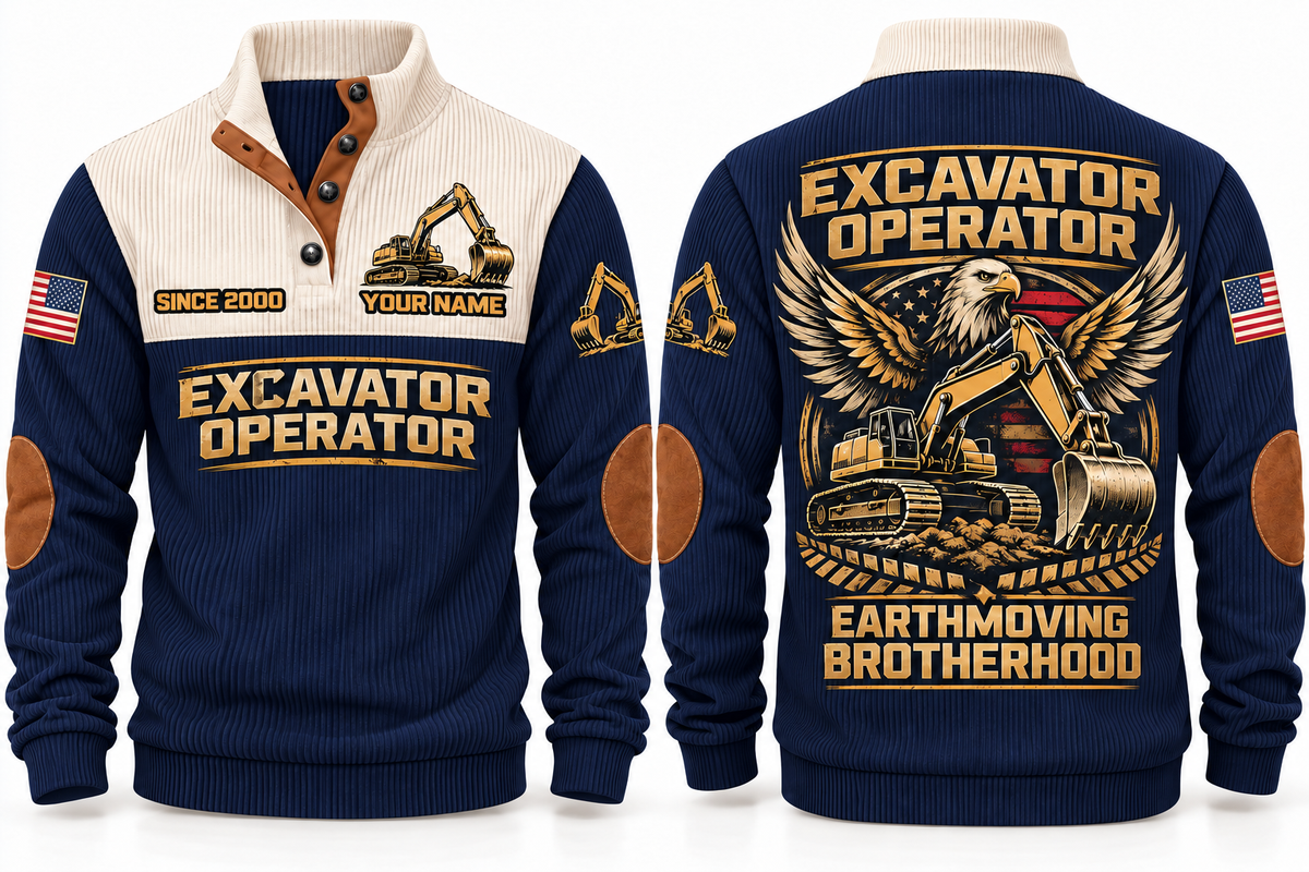 Excavator Operator Earthmoving Brotherhood Sports Sweatshirt in Navy, front and back