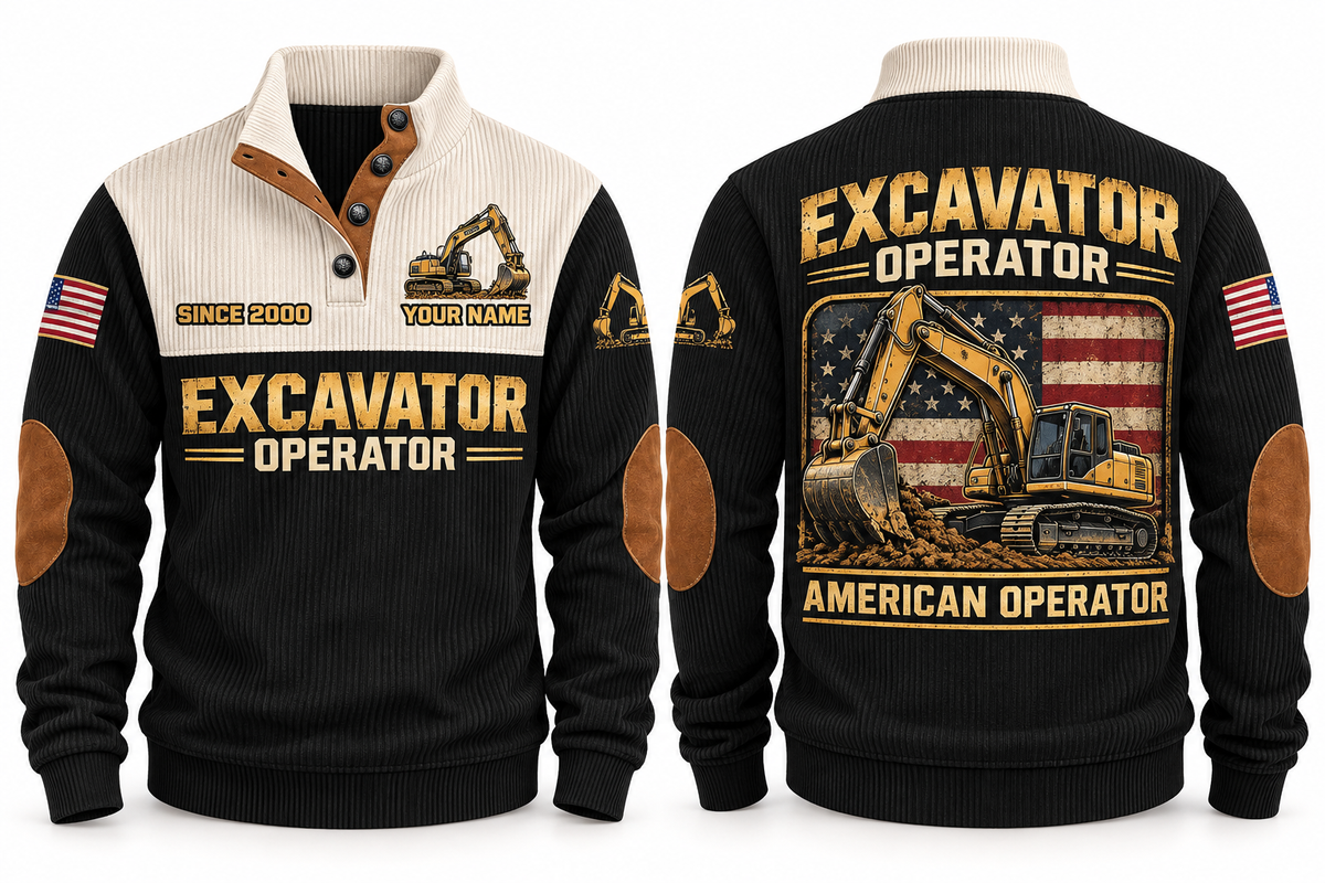 Excavator Operator American Operator Sports Sweatshirt in Black, front and back