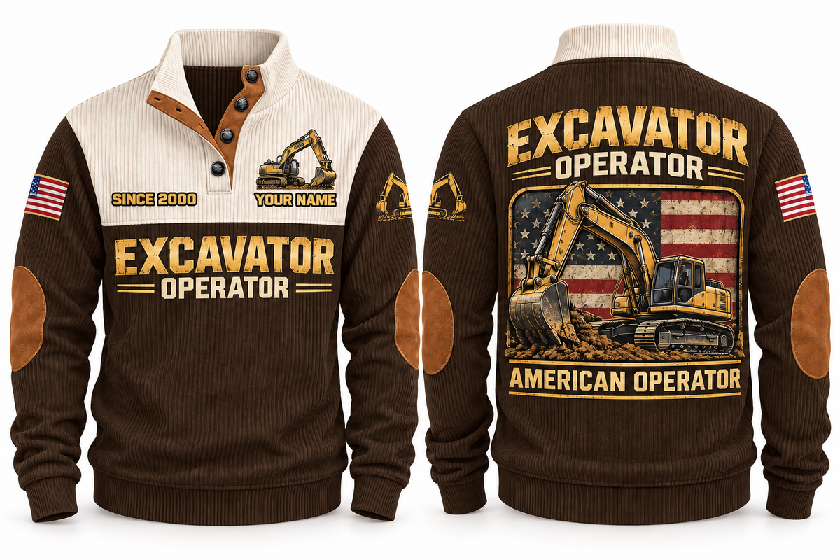 Excavator Operator American Operator Sports Sweatshirt in Brown, front and back