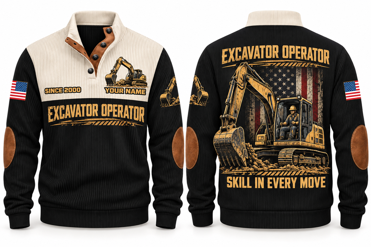 Excavator Operator Hands on the Controls Sports Sweatshirt in Black, front and back