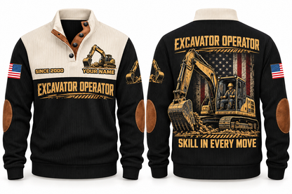 Excavator Operator Hands on the Controls Sports Sweatshirt in Black, front and back