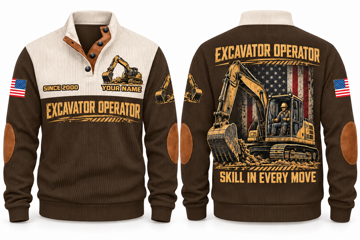 Excavator Operator Hands on the Controls Sports Sweatshirt in Brown, front and back