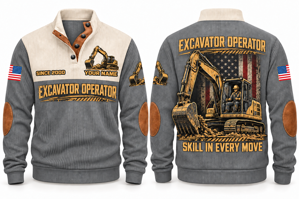 Excavator Operator Hands on the Controls Sports Sweatshirt in Grey, front and back