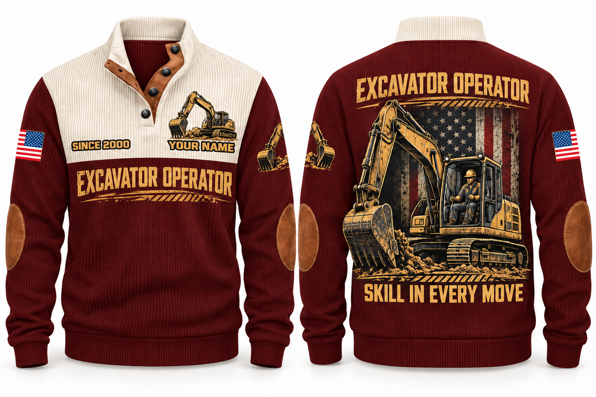 Excavator Operator Hands on the Controls Sports Sweatshirt in Jujube Red, front and back