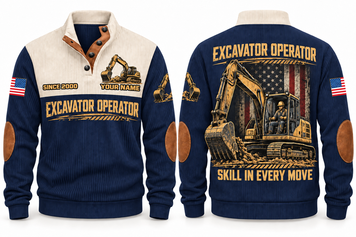 Excavator Operator Hands on the Controls Sports Sweatshirt in Navy, front and back