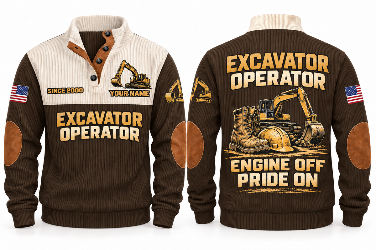 Excavator Operator Engine Off Pride On Sports Sweatshirt in Brown, front and back