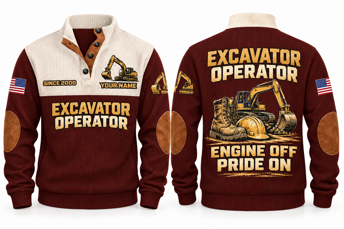 Excavator Operator Engine Off Pride On Sports Sweatshirt in Jujube Red, front and back