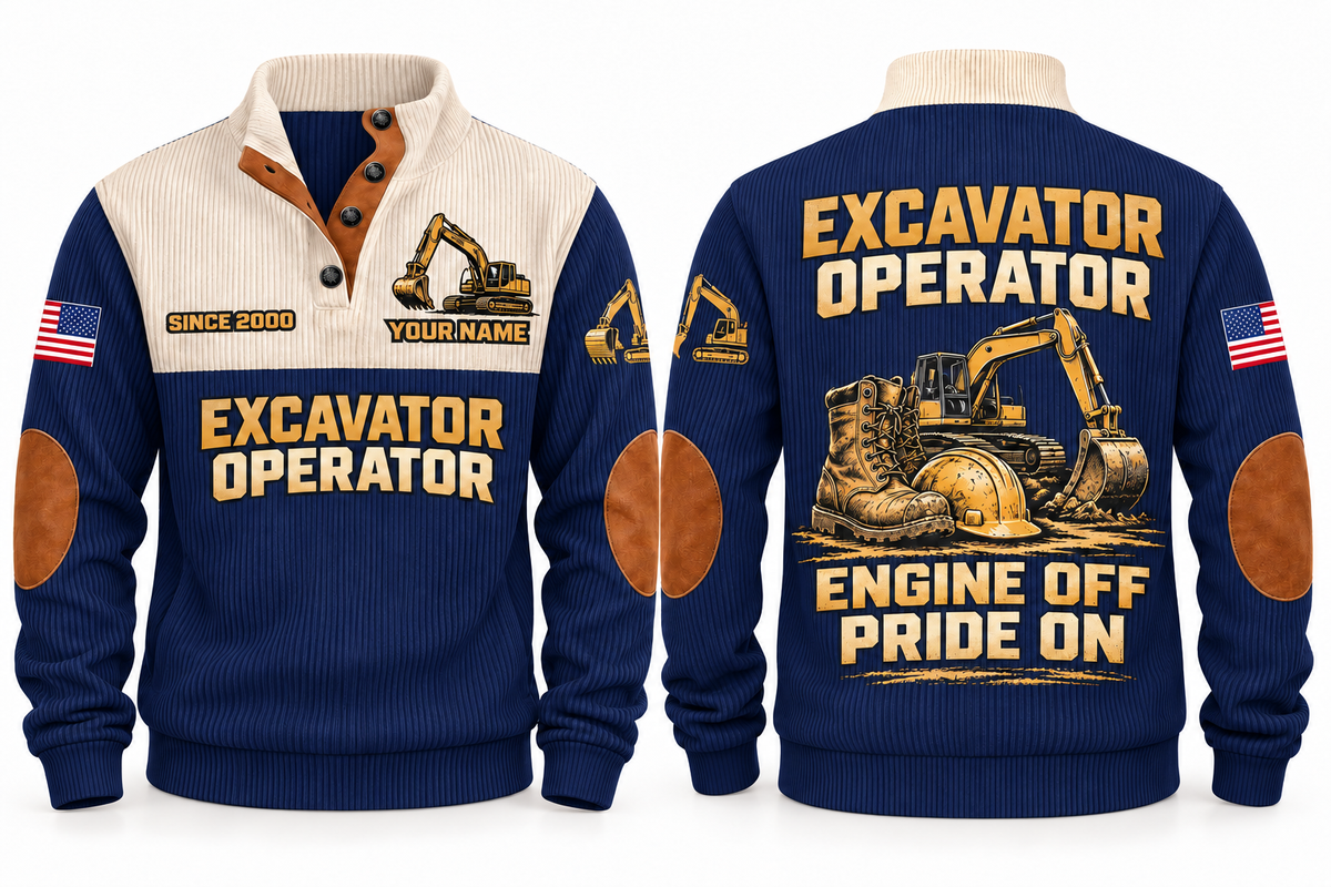 Excavator Operator Engine Off Pride On Sports Sweatshirt in Navy, front and back