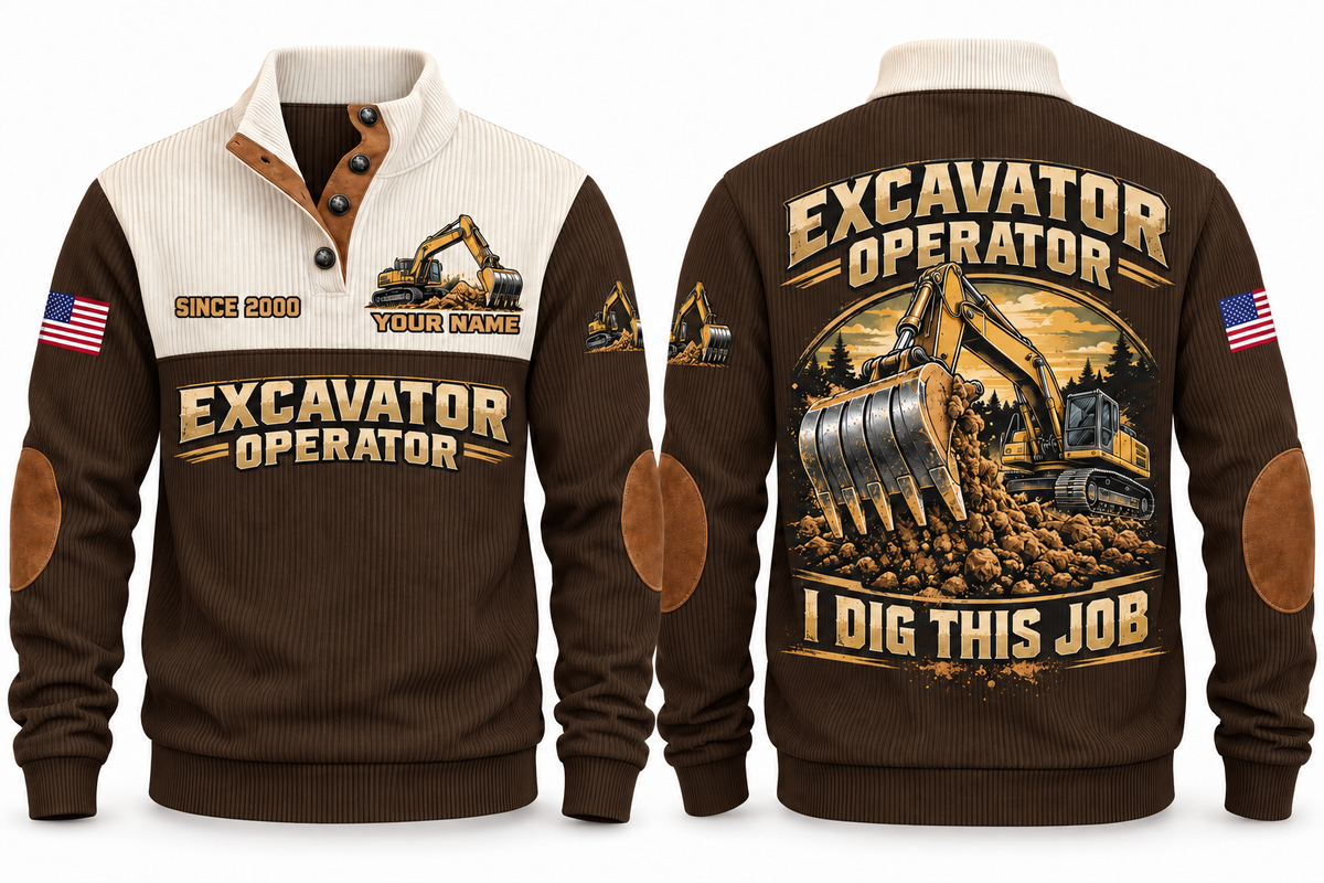 Excavator Operator I Dig This Job Sports Sweatshirt in Brown, front and back