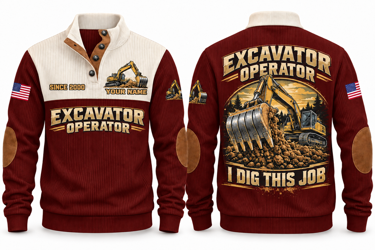 Excavator Operator I Dig This Job Sports Sweatshirt in Jujube Red, front and back
