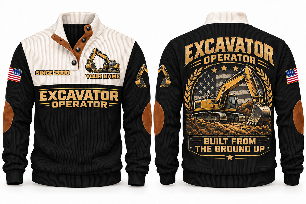 Excavator Operator Built from the Ground Sports Sweatshirt in Black, front and back
