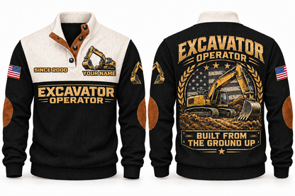 Excavator Operator Built from the Ground Sports Sweatshirt in Black, front and back