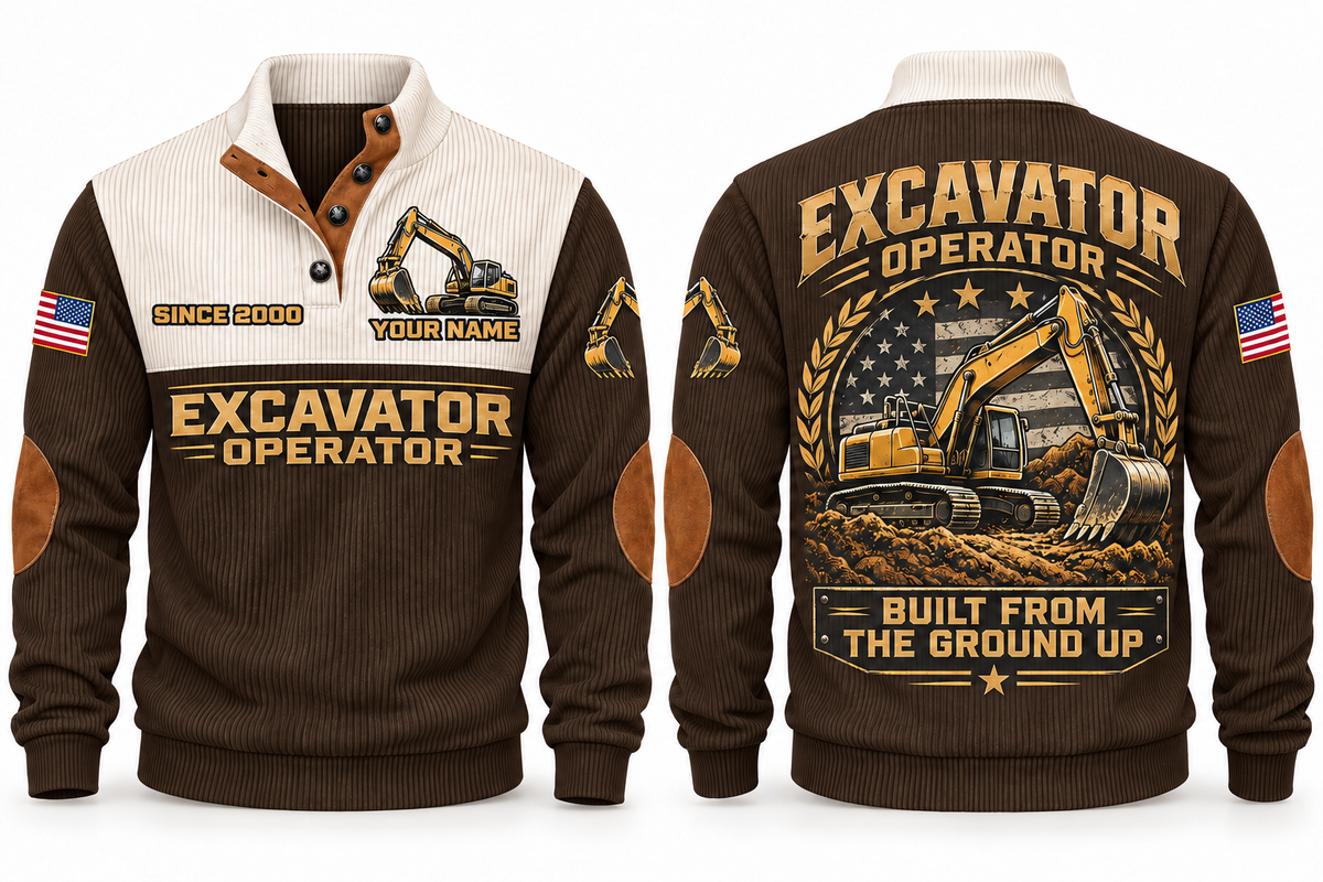 Excavator Operator Built from the Ground Sports Sweatshirt in Brown, front and back