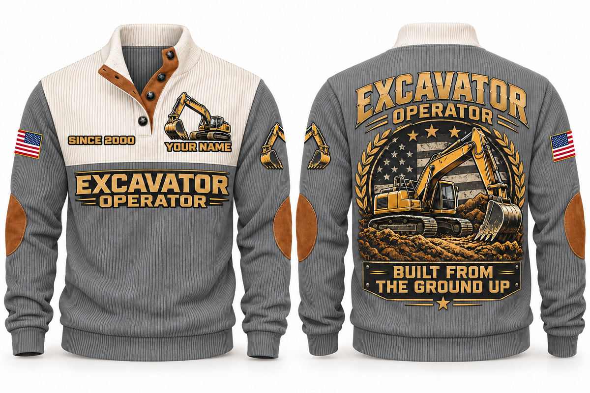 Excavator Operator Built from the Ground Sports Sweatshirt in Grey, front and back