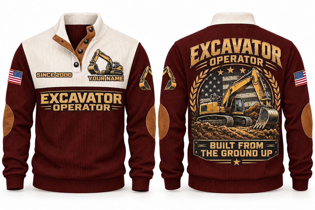 Excavator Operator Built from the Ground Sports Sweatshirt in Jujube Red, front and back
