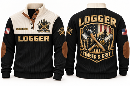 Logger Timber & Grit Sports Sweatshirt in Black, front and back