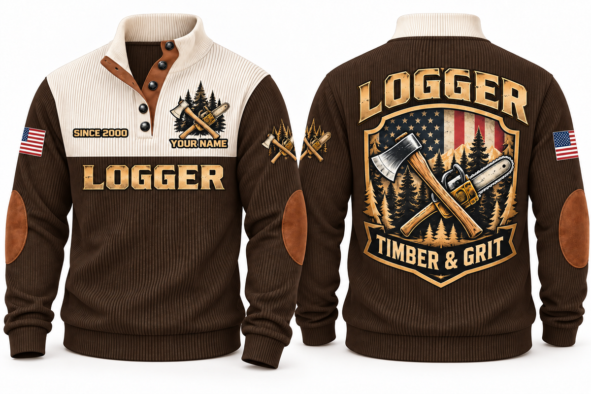 Logger Timber & Grit Sports Sweatshirt in Brown, front and back