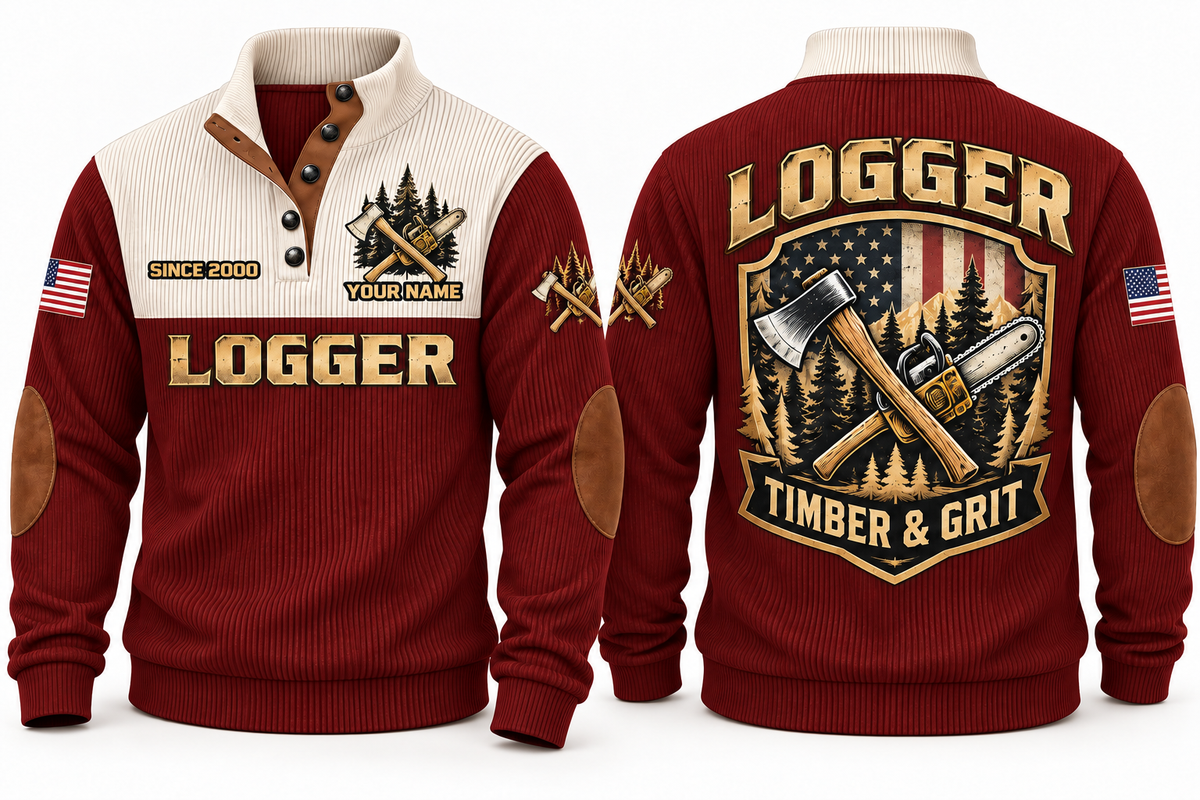 Logger Timber & Grit Sports Sweatshirt in Jujube Red, front and back