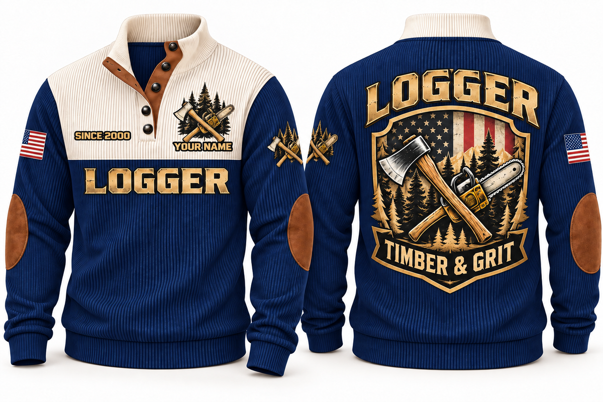 Logger Timber & Grit Sports Sweatshirt in Navy, front and back