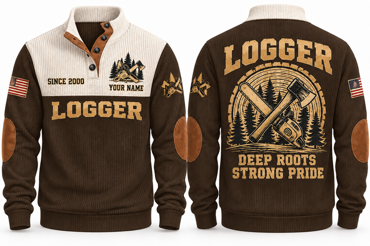 Logger Deep Roots Sports Sweatshirt in Brown, front and back