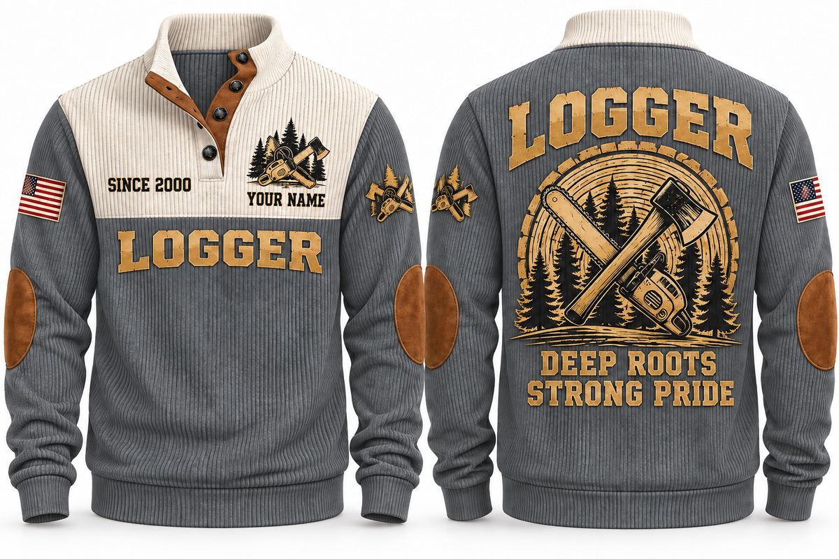 Logger Deep Roots Sports Sweatshirt in Grey, front and back