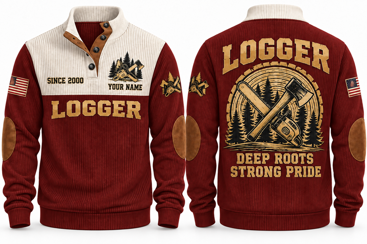 Logger Deep Roots Sports Sweatshirt in Jujube Red, front and back