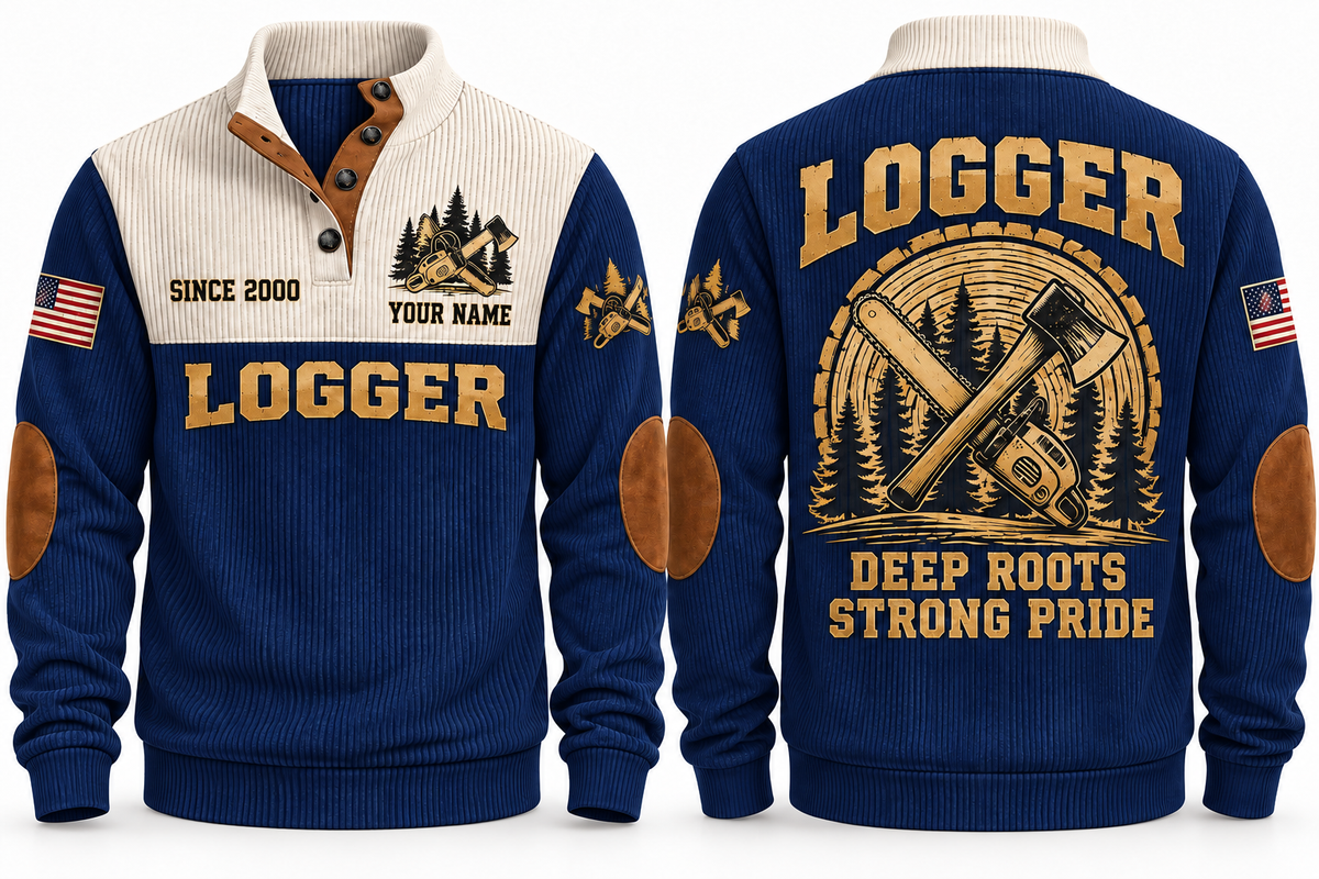 Logger Deep Roots Sports Sweatshirt in Navy, front and back