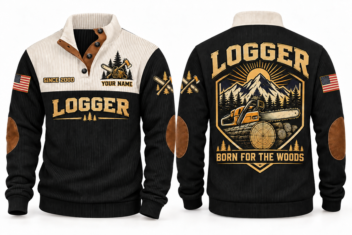 Logger Born for the Woods Sports Sweatshirt in Black, front and back